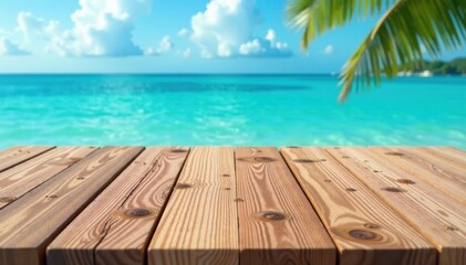 Fototapeta premium Wooden table top with water droplets on blue summer sea , summer, wood, sea