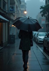 A figure in a dark coat strolls down a wet city street, holding a black umbrella against the pouring rain. Raindrops cascade around, creating a moody atmosphere in the evening light. Generative AI