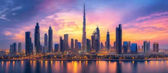 Fototapeta premium Breathtaking Skyline of Dubai at Sunset with Iconic Skyscrapers Reflected in the Water