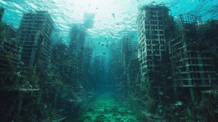 The Last Scavenger: Nature Reclaims the Sunken Cyberpunk City in 3D Rendered Dystopian Artwork