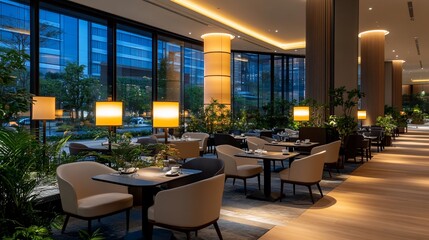 Obraz premium Modern restaurant interior, city view, evening ambiance, upscale dining