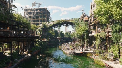 Resilient Urban Oasis - Cyberpunk Dystopia Artwork of Families in Crowded Park Amidst Crumbling Buildings - 3D Render Illustration