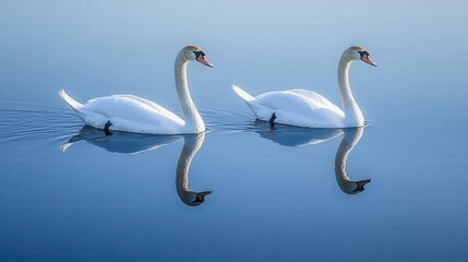 Fototapeta premium Two Elegant Swans Gracefully Swim on Calm Blue Water