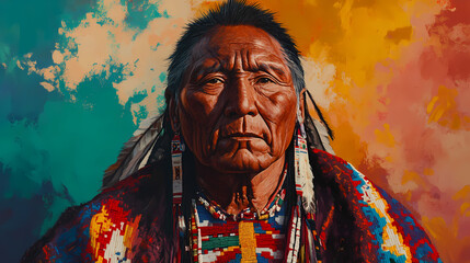 Fototapeta premium Portrait of a native american man wearing a colorful traditional blanket. Quillwork. Illustration