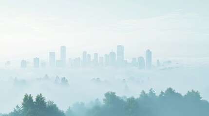 Fototapeta premium Futuristic Cyberpunk Dystopia Cityscape Engulfed in Fog with Nature and Technology Clash - 3D Render Illustration