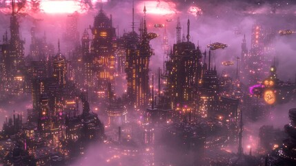 Obraz premium Futuristic Cyberpunk Metropolis Night Scene with Illuminated Skyscrapers and Flying Vehicles - 3D Render Illustration