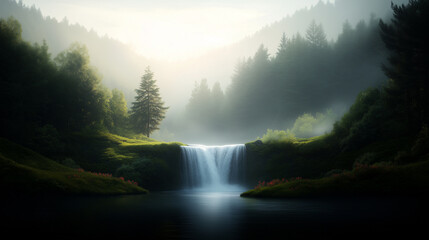 serene waterfall cascades into tranquil lake, surrounded by lush greenery and misty mountains, evoking sense of peace and beauty.