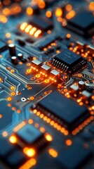 Obraz premium Futuristic electronic circuit board with glowing microchips processors and interconnected components in a high tech innovative technological design