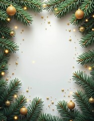 Fir tree branches create a festive border, with scattered golden stars and lights enhancing the joyful atmosphere of Christmas and New Year celebrations, evoking warmth and cheer. Generative AI