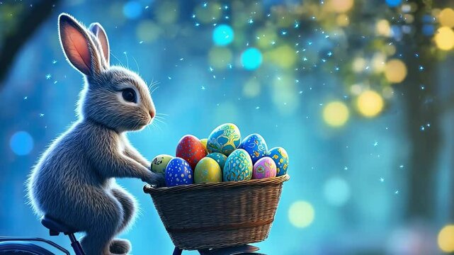 Adorable bunny on bicycle with woven basket of colorful easter eggs, surrounded by sparkling lights and foliage background, symbolizing spring and celebration of rebirth
