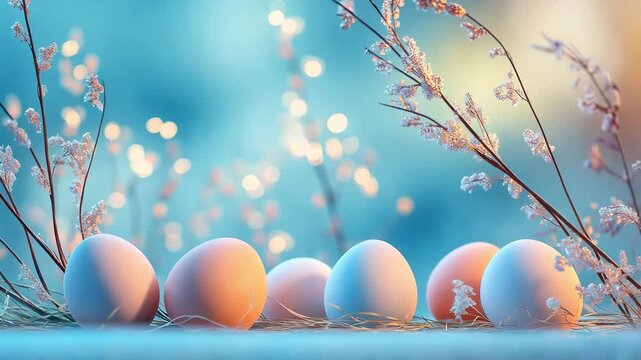 Gentle sunrise over decorated easter eggs nestled in grass with delicate floral sprigs, capturing a serene easter celebration concept