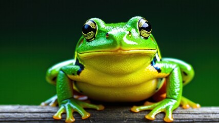 Naklejka premium Close-up of a vibrant green frog with reflective eyes
