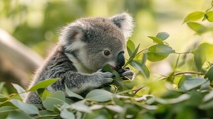 Obraz premium Baby koala eating eucalyptus leaves in a lush forest.