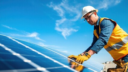 Technician Inspecting Solar Panel Array Under Blue Sky