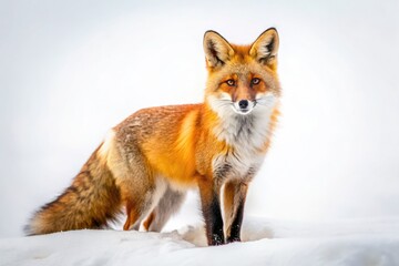 Fototapeta premium Alert fox, bushy tail, and pointed ears stand out against a pristine white background. A captivating wildlife portrait.