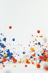 Dynamic colorful spheres scattered in abstract formation with vibrant red, yellow, blue and white hues on white surface
