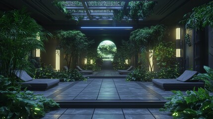 Obraz premium Futuristic Cyberpunk Meditation Oasis with Bioluminescent Plants - 3D Render Ultra-Detailed Illustration