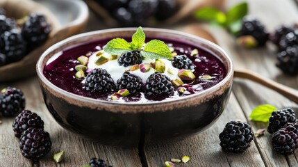 A bowl of blackberry dessert topped with yogurt, nuts, and mint, set on a wooden table.