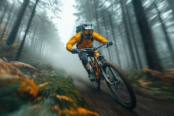 Fototapeta premium Mountain biker navigating a foggy forest trail during a vibrant autumn day