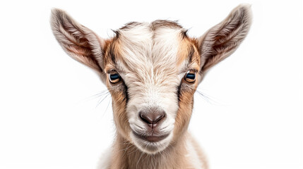 Fototapeta premium Adorable goat kid head portrait on white background, close-up of a young goat with a curious and playful expression, perfect for farm animal and nature themes