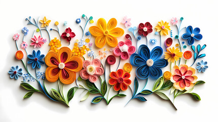 Colorful paper quilled flowers on a white background. creative art design with floral shapes. perfect for craft and diy projects. Quillwork. Illustration