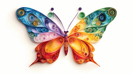 Colorful paper quilling butterfly art on a white background, showcasing intricate details and vibrant design. Quillwork. Illustration