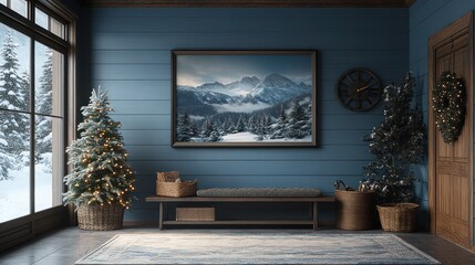 Cozy winter entryway with Christmas tree, mountain art, and rustic bench.