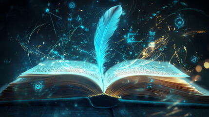 Digital art of a feather quill pen overlaying an open book pages filled with glowing symbols and scripts emphasizing the magic of writing. Quillwork. Illustration
