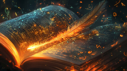 Digital art of a feather quill pen overlaying an open book pages filled with glowing symbols and scripts emphasizing the magic of writing. Quillwork. Illustration