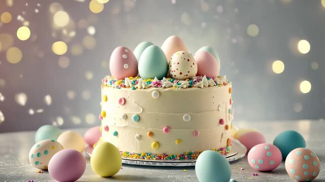Festive easter cake adorned with colorful eggs and sprinkles in a soft bokeh lighting celebrating easter joy