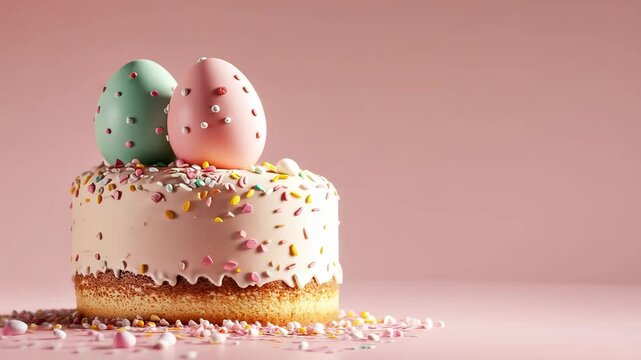 Delicate easter cake with icing and sprinkles surrounded by pastel eggs on soft pink background, celebrating the concept of easter