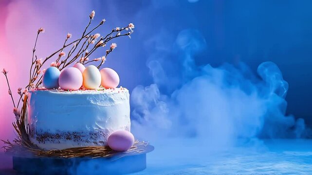 Festive easter cake with pastel eggs and cherry blossoms in dreamy atmosphere - easter celebration concept