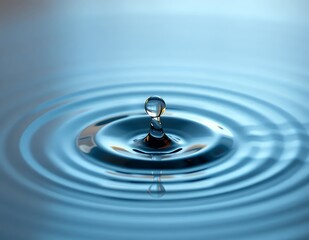 A single water droplet impacts a still surface of water, creating concentric ripples that radiate outward.