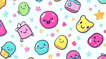Adorable kawaii characters and stars on a pastel background. Sweet and playful design.