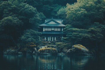 Serene Japanese House, Lake, Forest. Peaceful retreat, nature, tranquility