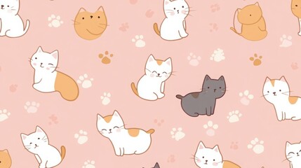 Adorable cartoon cats and paw prints on a pink background. A cute and playful design.