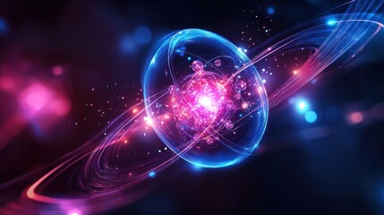 Stunning abstract visualization of a glowing atomic particle or molecule reaction within a dynamic digital energy field