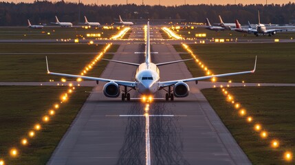 Twilight at the Airport: Panoramic View of Illuminated Runway with Aircraft Ready for Travel Adventure