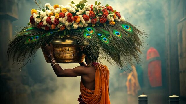 Devotee Carrying Peacock Feather Decorated Offering  
