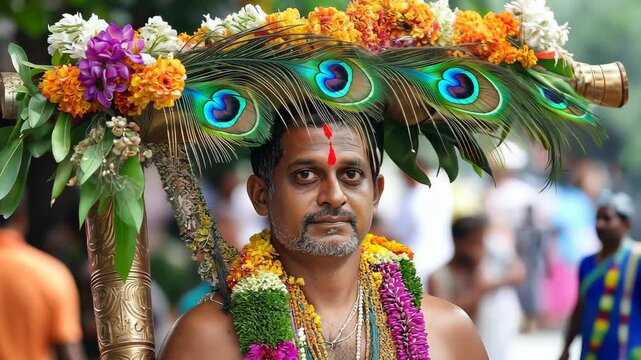 Devotee Adorned with Kavadi and Peacock Feathers  
