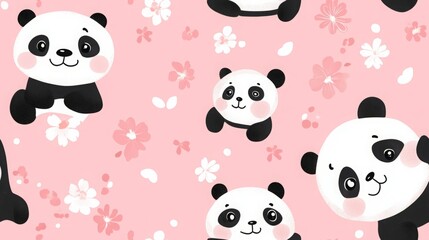 Naklejka premium Adorable panda bears and pink flowers create a charming, whimsical pattern.