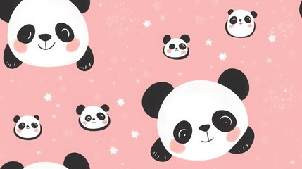 Adorable panda faces on a pink background. Cute cartoon illustration.