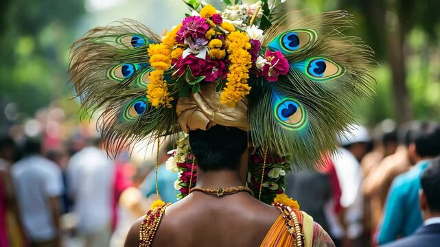 Kavadi Bearer Adorned with Peacock Feathers and Flowers  
