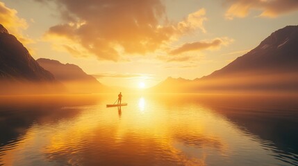 Paddleboarding at Sunset Amidst Majestic Mountains