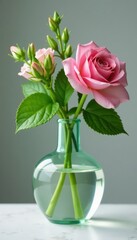 Fototapeta premium Delicate glass vase with lush green plant on pink flower top, home decor, glass, interior