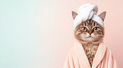 A cute cat in a pink robe and towel, looking stylish and pampered against a pastel background.