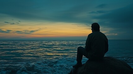 A serene twilight sky over the ocean, transitioning from golden hues to deep blues