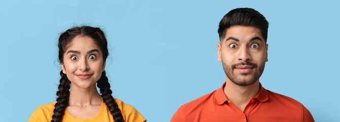 Amazing Offer. Surprised Middle Eastern Couple Looking At Camera With Wide Open Eyes, Young Arab...