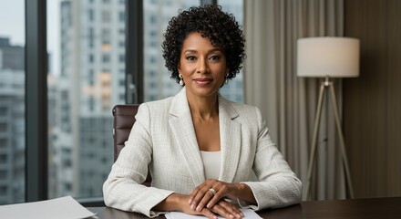 Confident & Composed: A powerful portrait of a successful Black businesswoman, showcasing her poise and professionalism in a modern office setting.