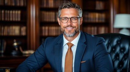 Confident CEO Portrait: A successful businessman smiles warmly, sitting in his luxurious office.  The image conveys leadership, confidence and success. 